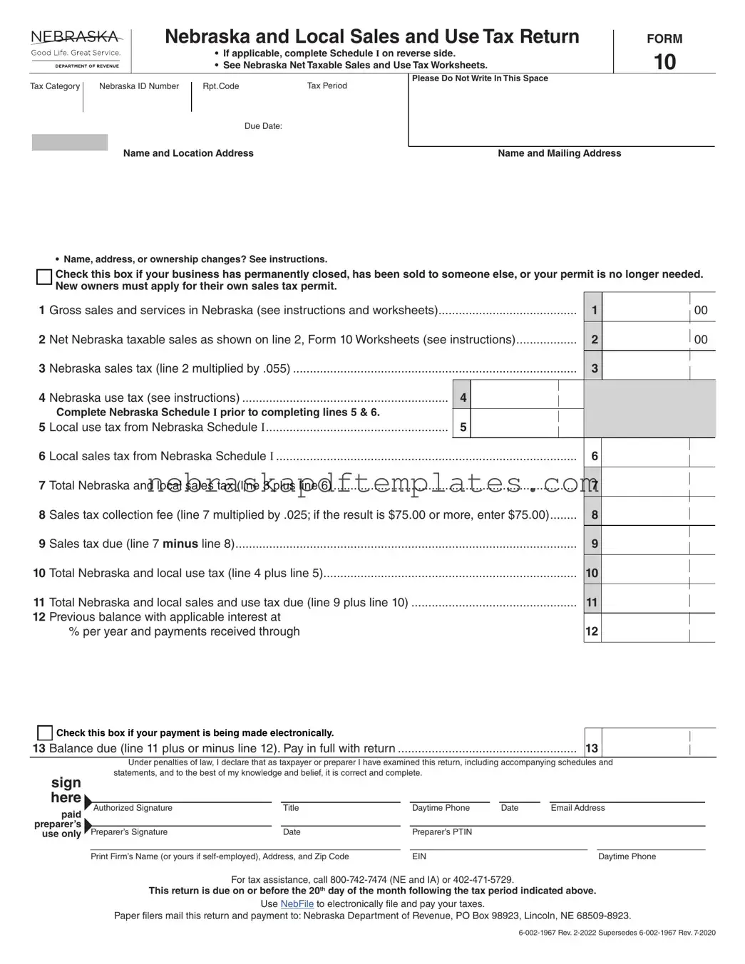Blank Nebraska 10 PDF Template
