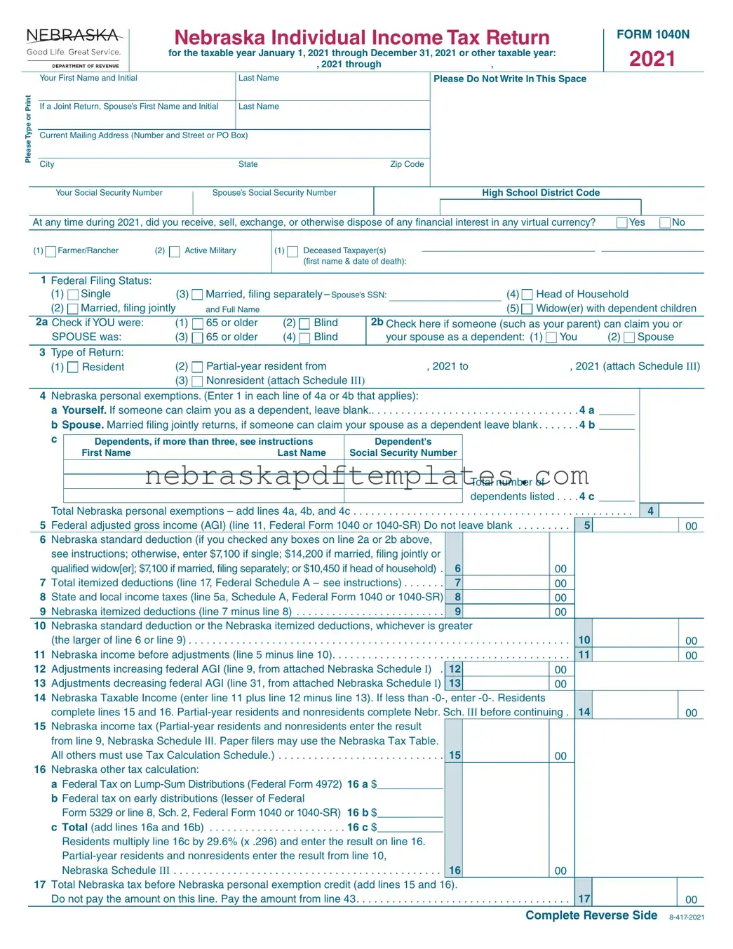 Blank Nebraska 1040N PDF Template