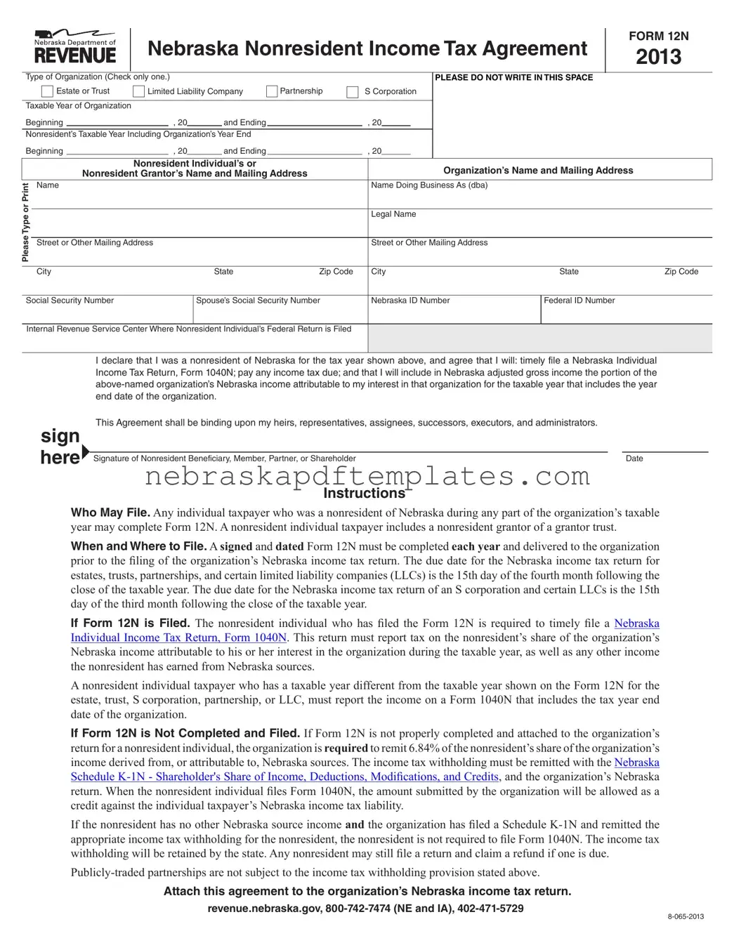 Blank Nebraska 12N PDF Template