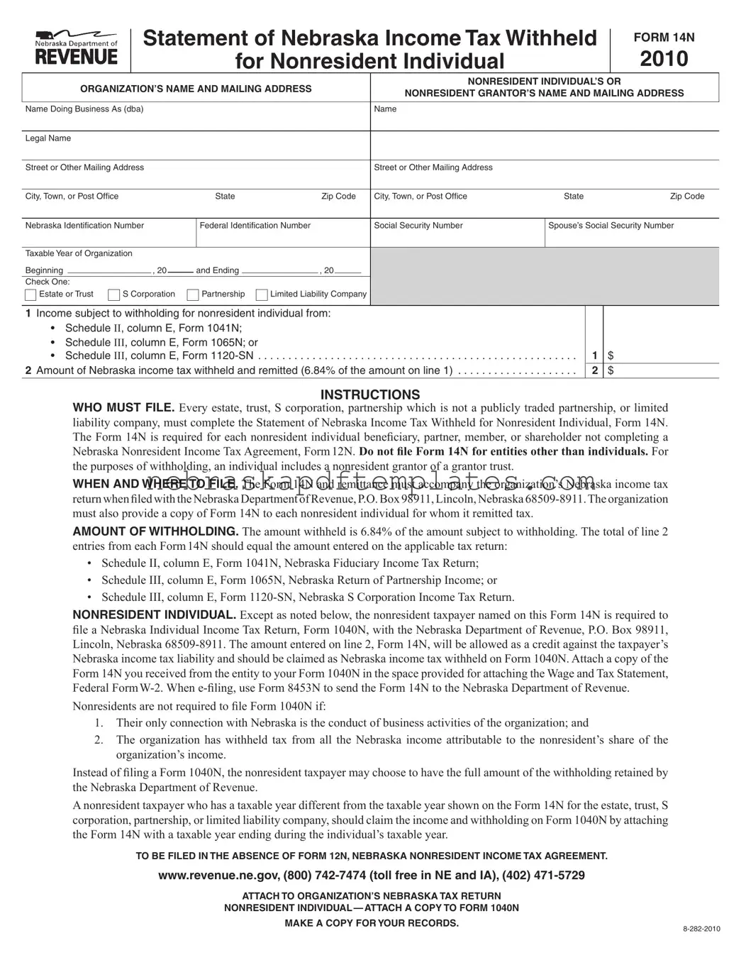 Blank Nebraska 14N PDF Template