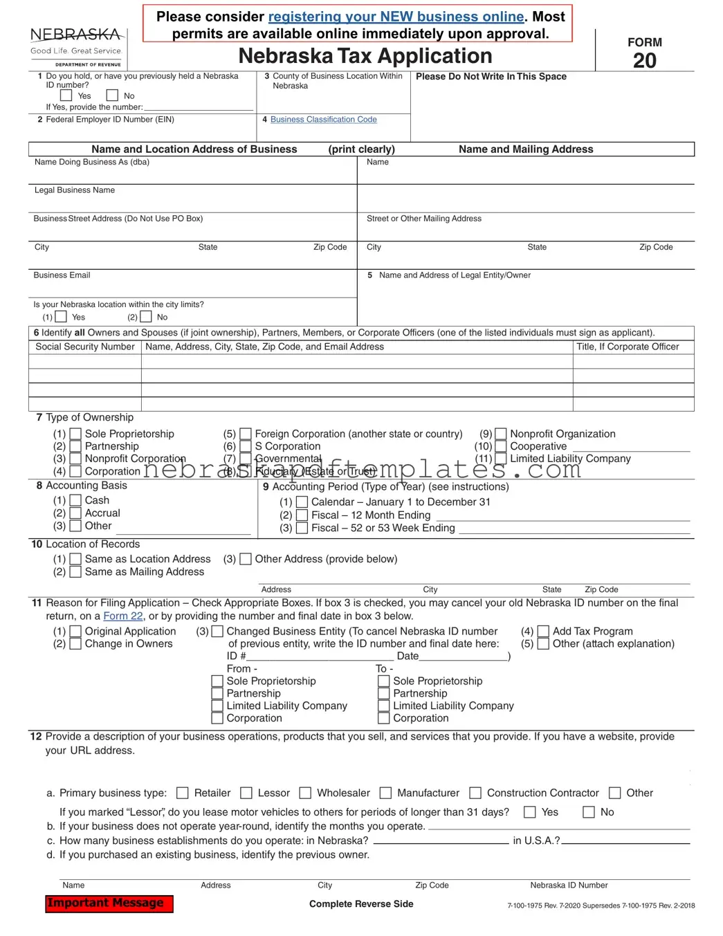 Blank Nebraska 20 PDF Template