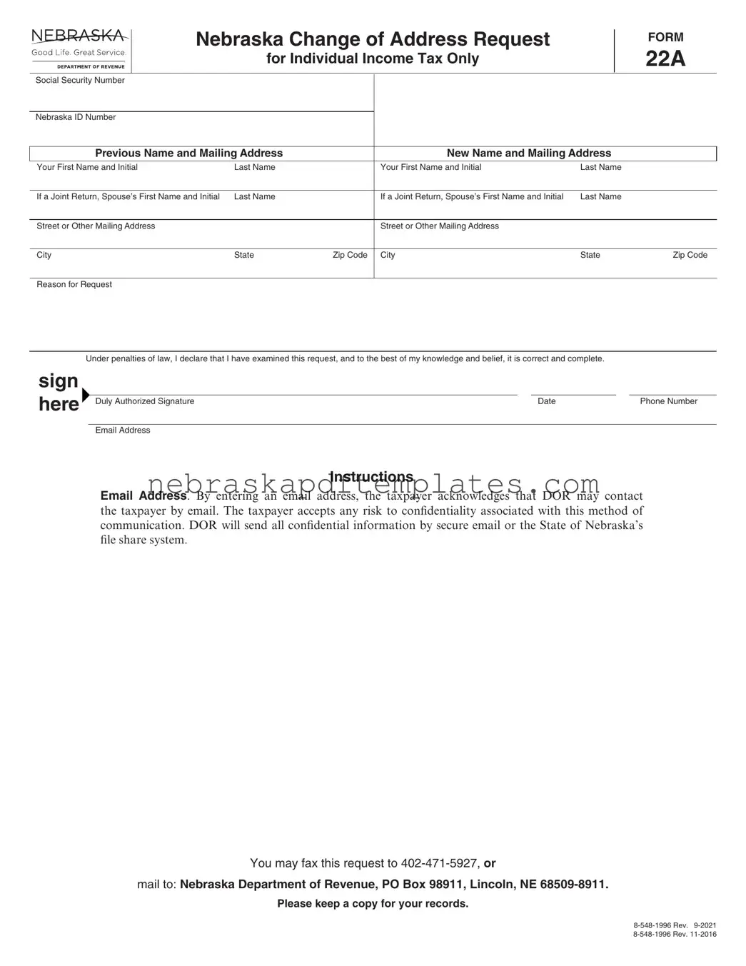 Blank Nebraska 22A PDF Template