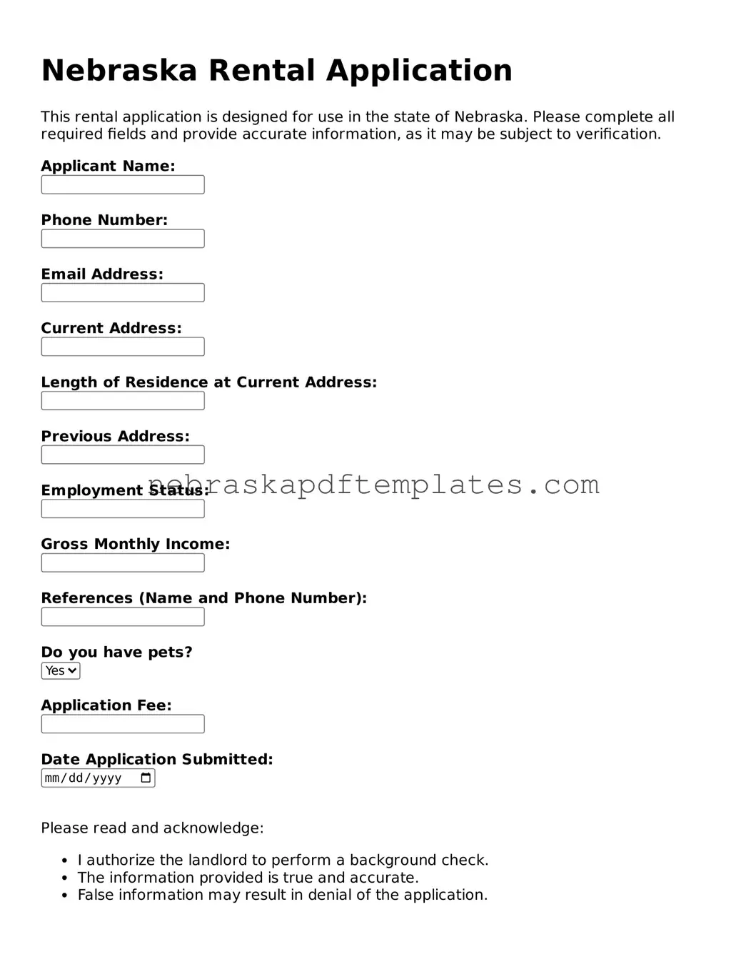 Attorney-Verified  Rental Application Document for Nebraska