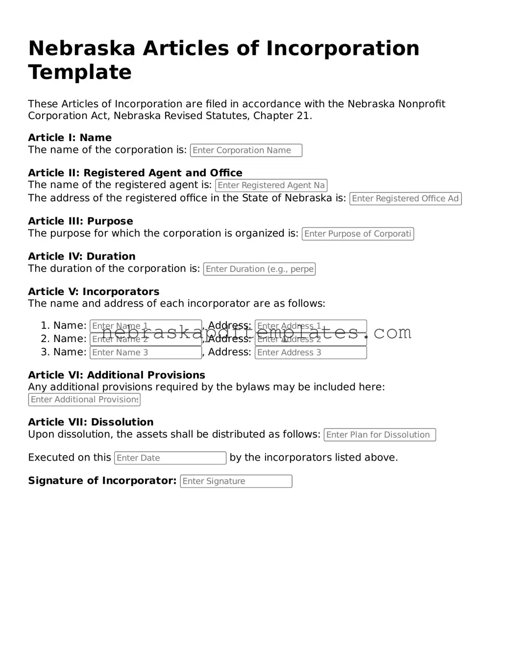 Attorney-Verified  Articles of Incorporation Document for Nebraska