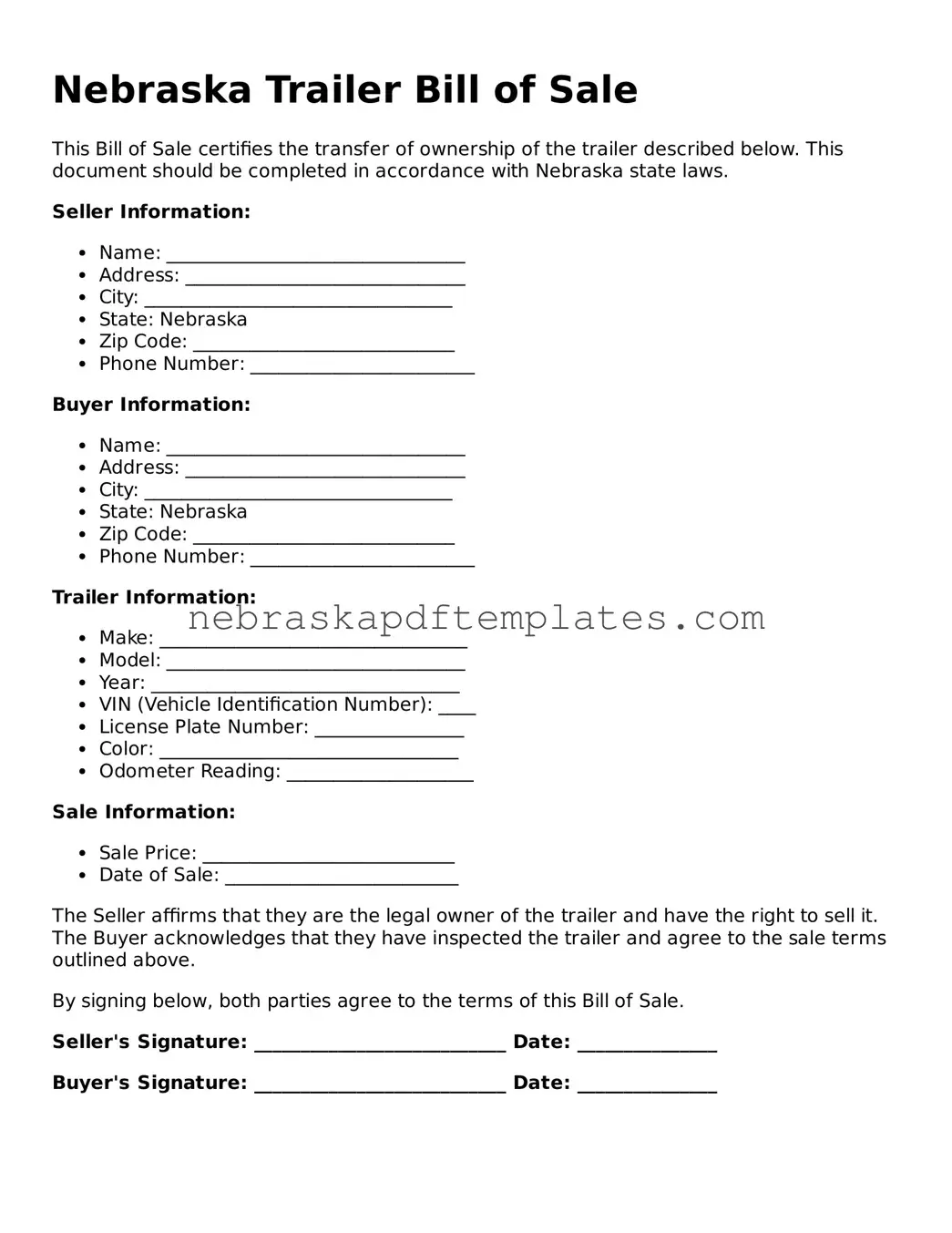 Attorney-Verified Trailer Bill of Sale Document for Nebraska