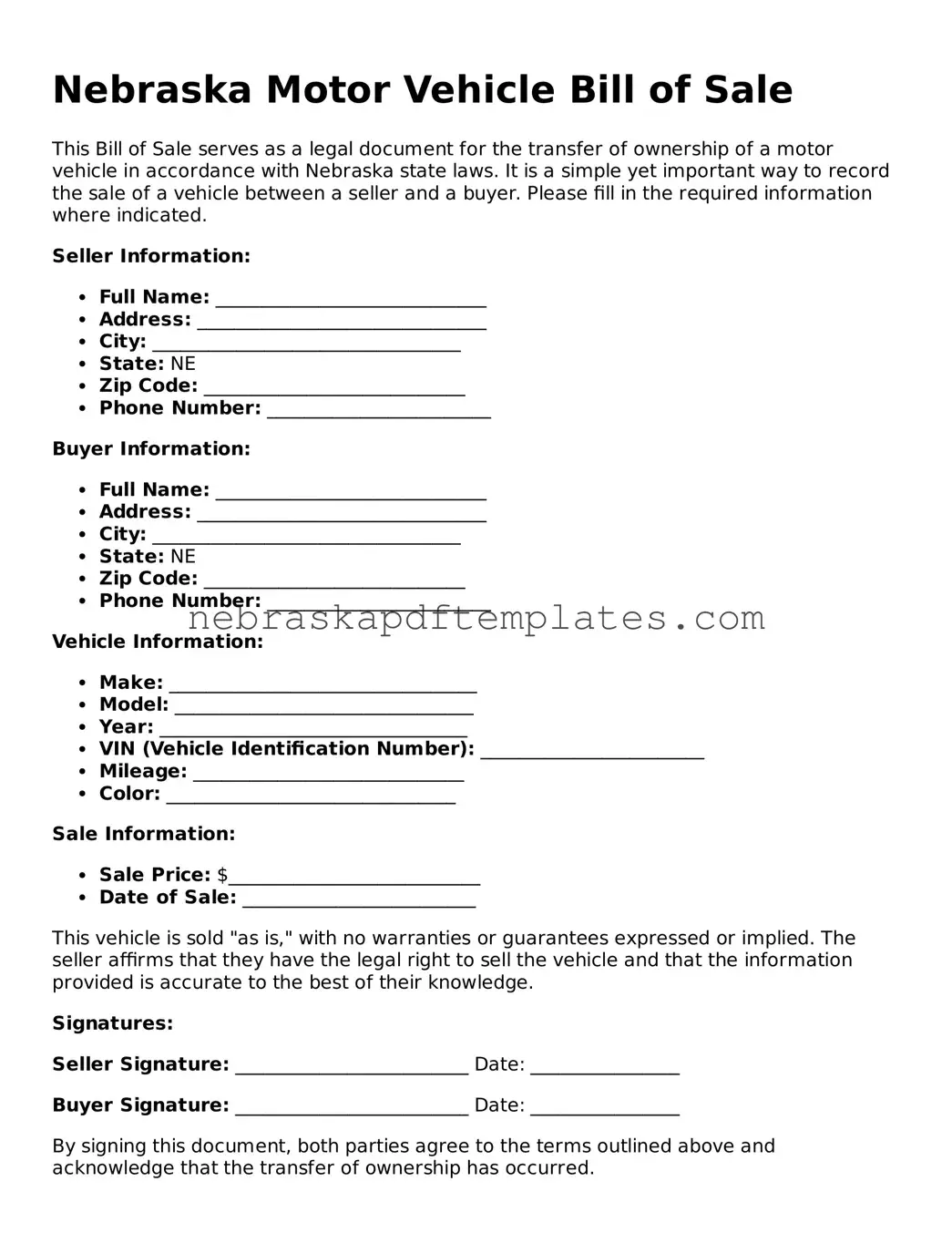 Attorney-Verified  Motor Vehicle Bill of Sale Document for Nebraska