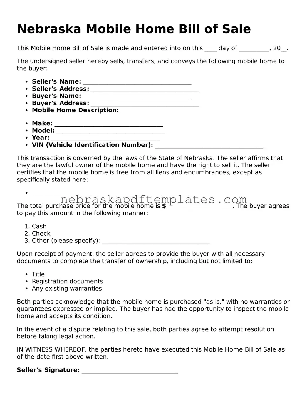 Attorney-Verified  Mobile Home Bill of Sale Document for Nebraska