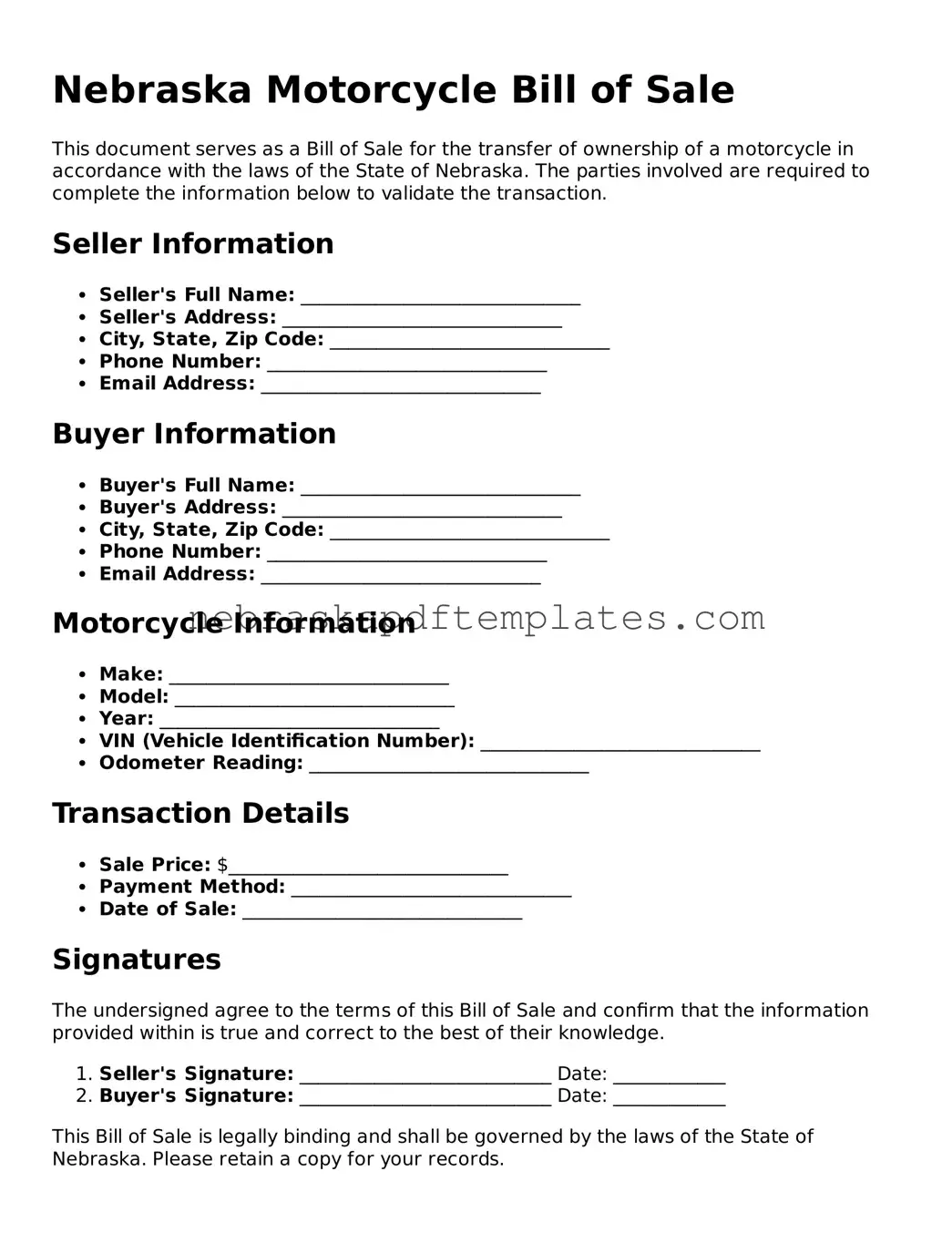 Attorney-Verified  Motorcycle Bill of Sale Document for Nebraska