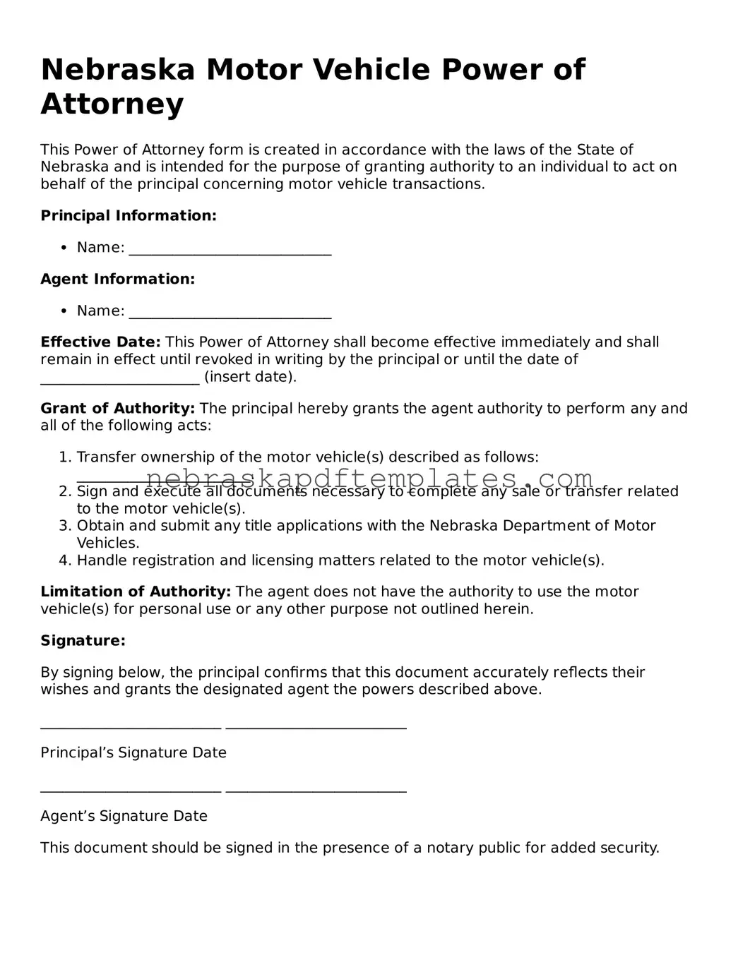 Attorney-Verified  Motor Vehicle Power of Attorney Document for Nebraska