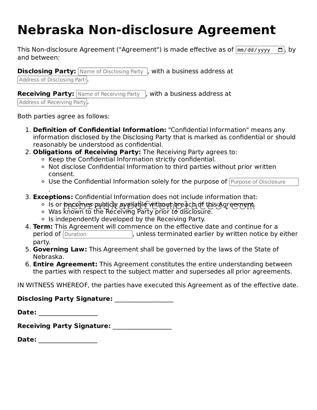 Attorney-Verified  Non-disclosure Agreement Document for Nebraska
