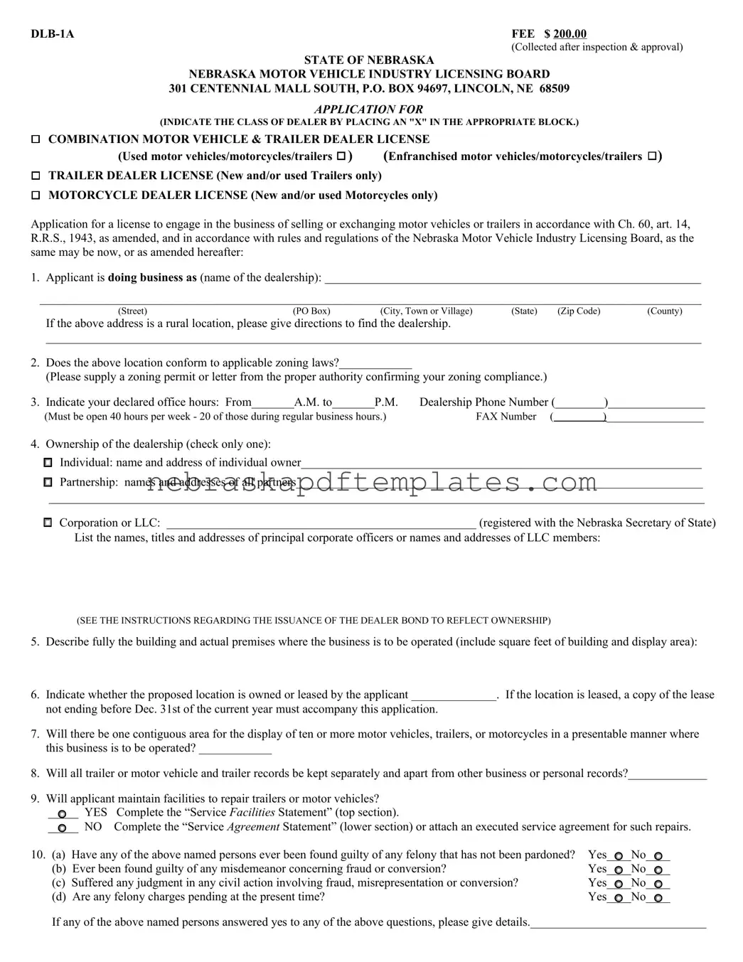 Blank Nebraska Dlb 1A PDF Template