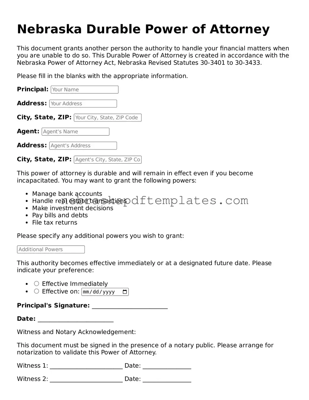 Attorney-Verified Durable Power of Attorney Document for Nebraska
