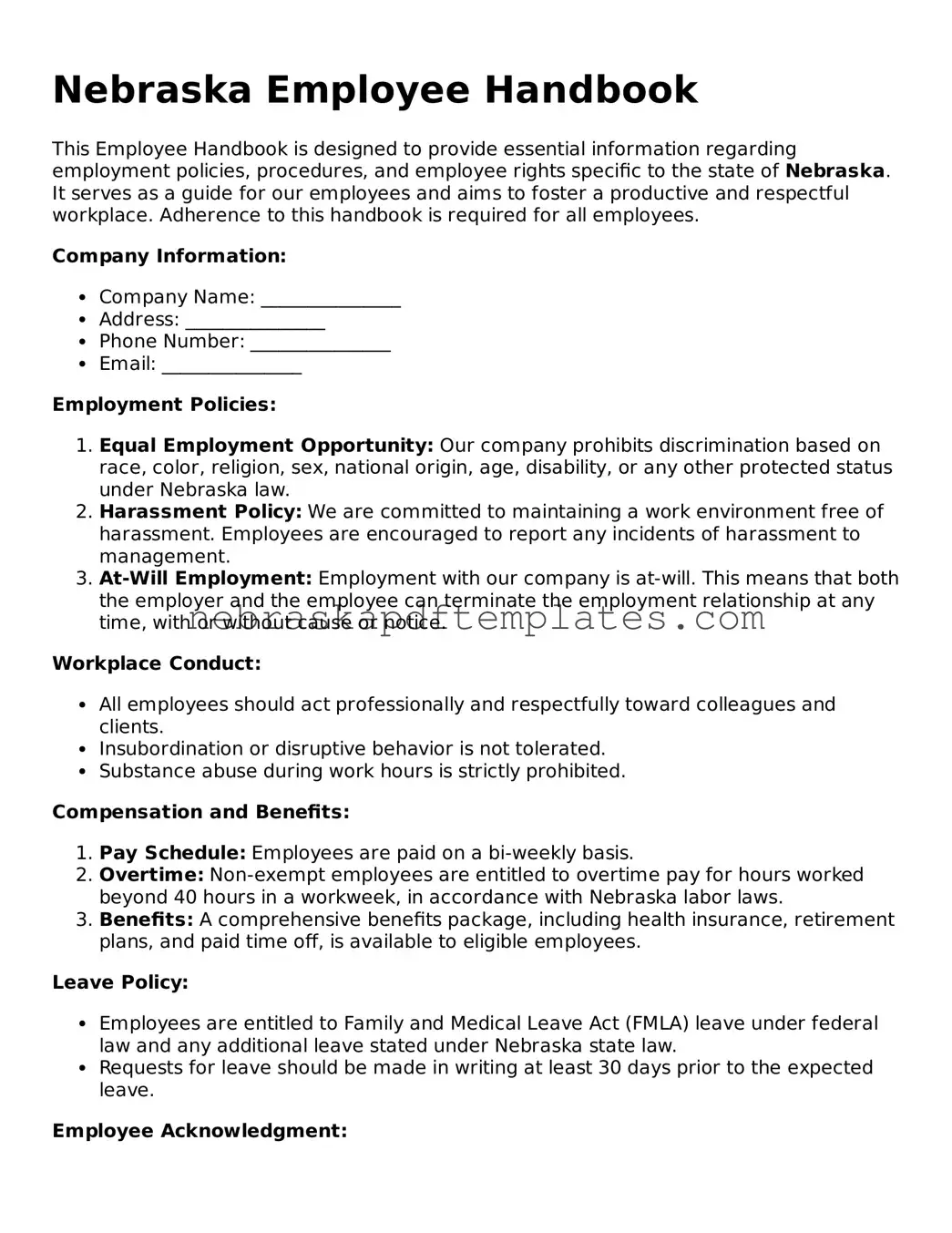 Attorney-Verified  Employee Handbook Document for Nebraska