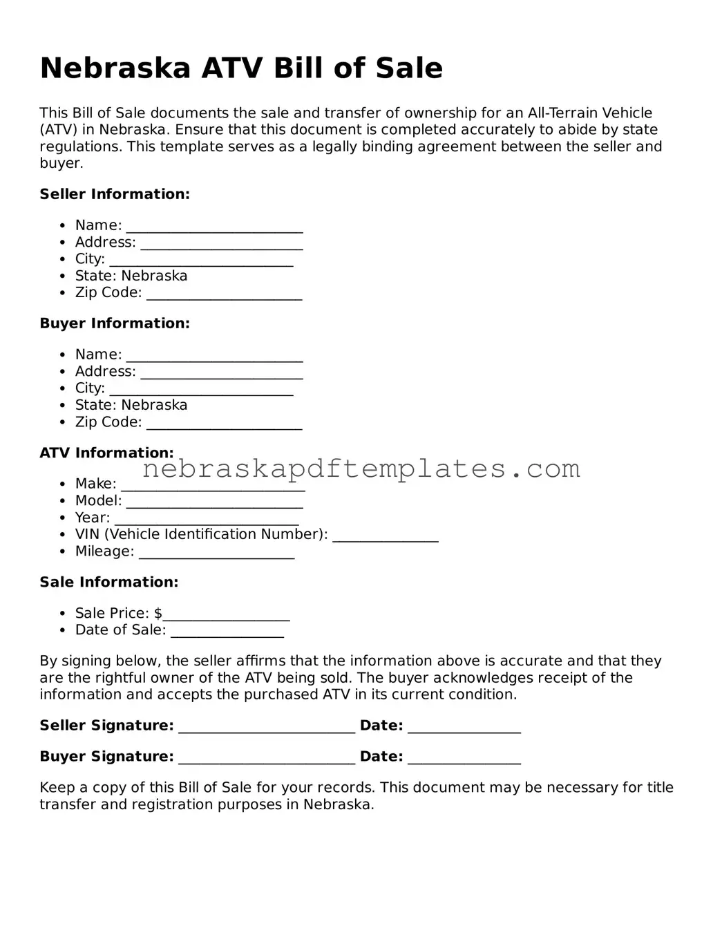 Attorney-Verified  ATV Bill of Sale Document for Nebraska