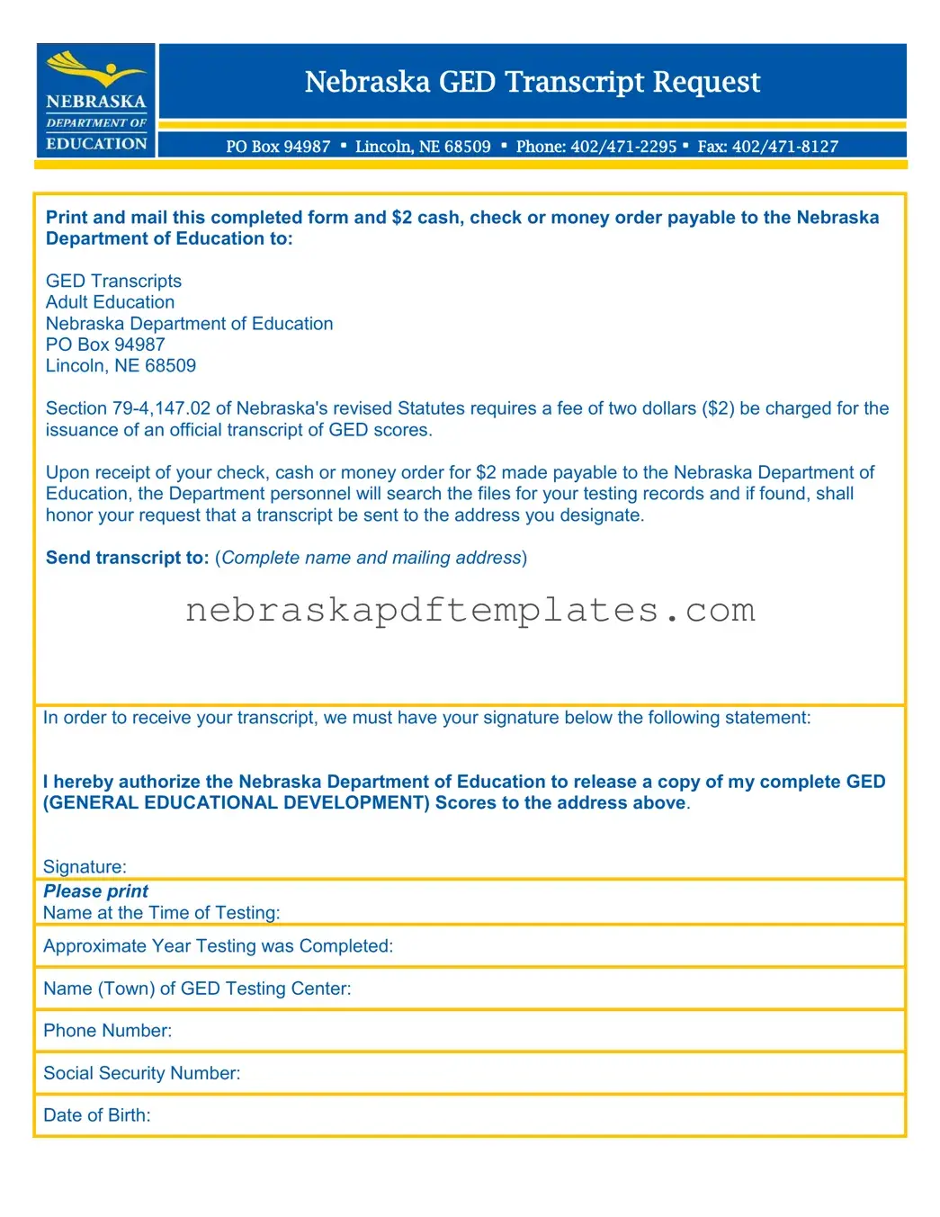 Blank Nebraska Ged Transcript Request PDF Template