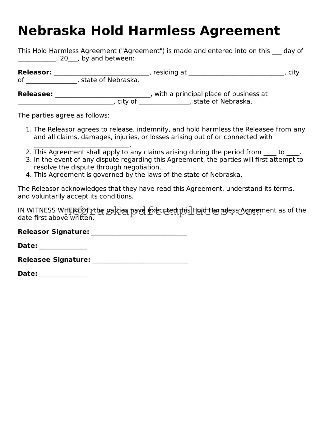 Attorney-Verified  Hold Harmless Agreement Document for Nebraska