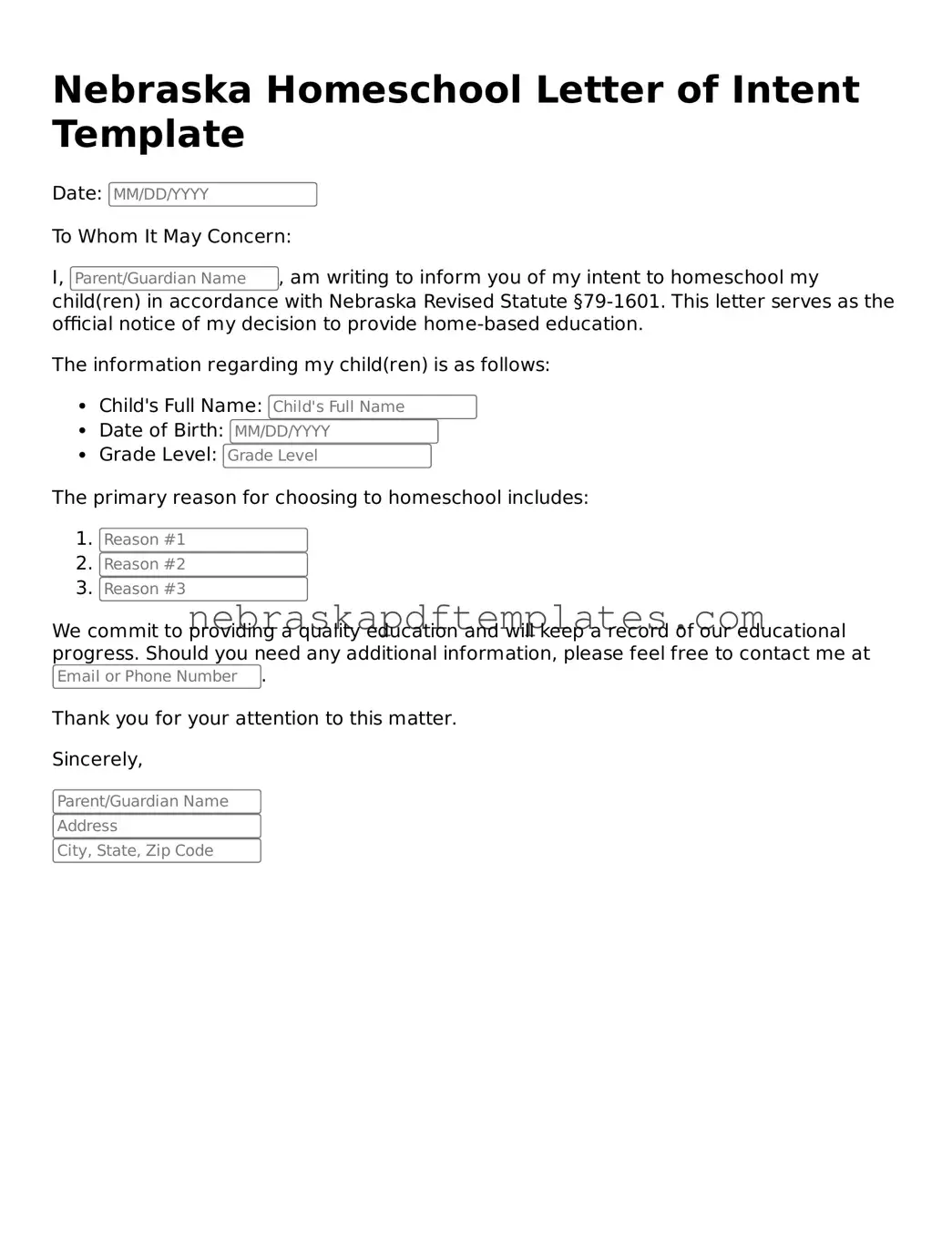 Attorney-Verified  Homeschool Letter of Intent Document for Nebraska