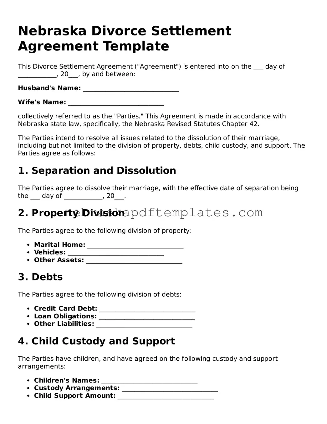 Attorney-Verified  Divorce Settlement Agreement Document for Nebraska