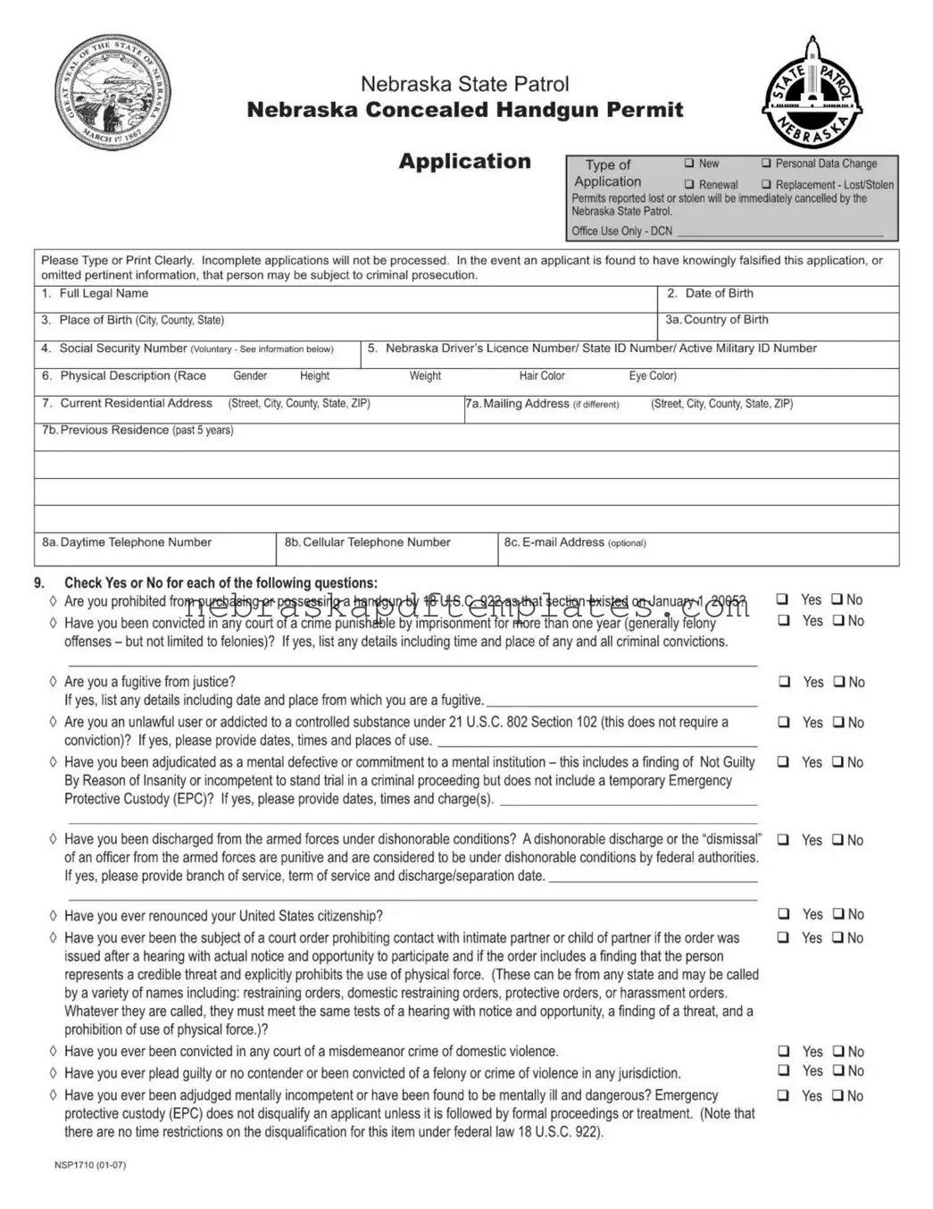 Blank Nebraska Nsp1710 PDF Template