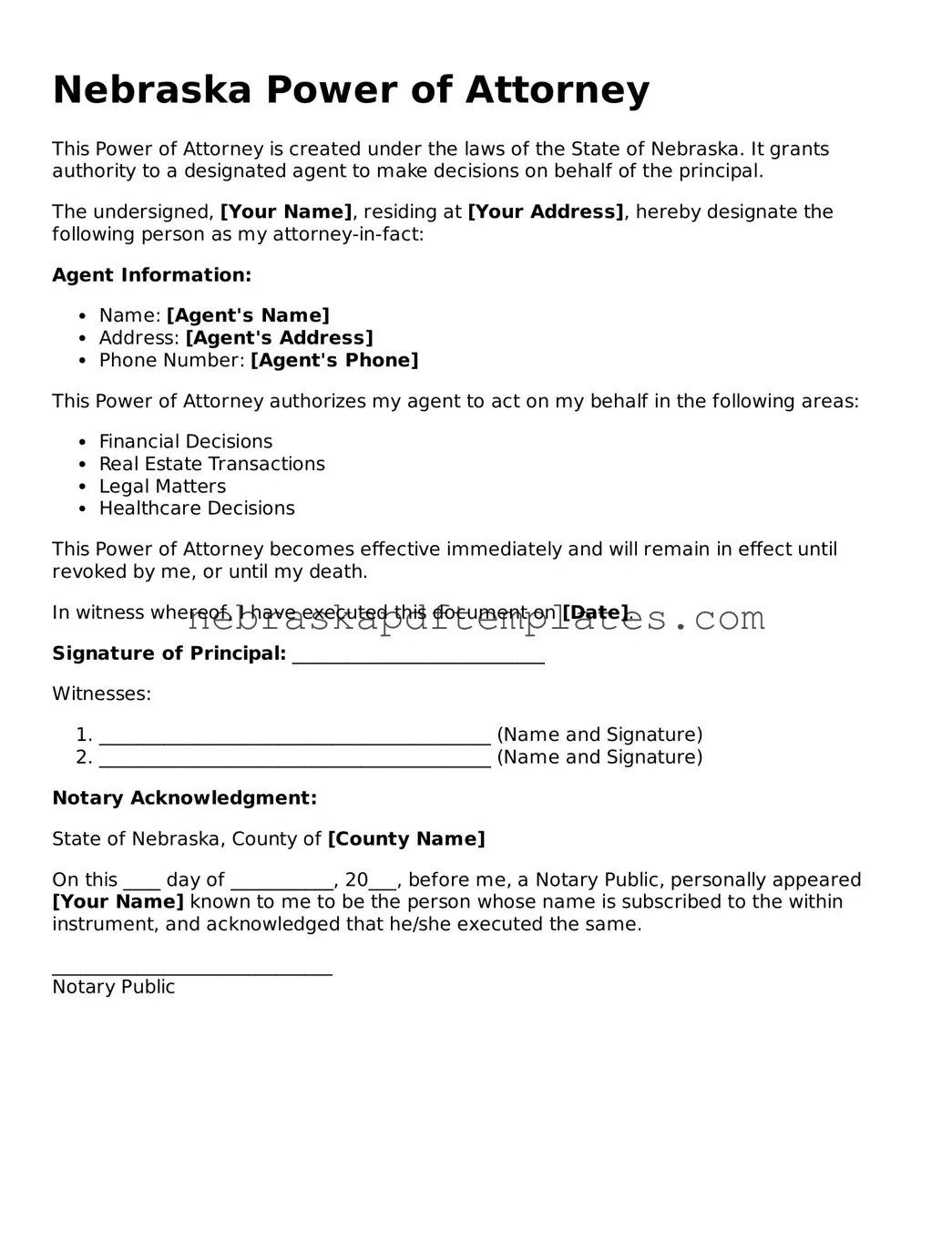 Attorney-Verified Power of Attorney Document for Nebraska