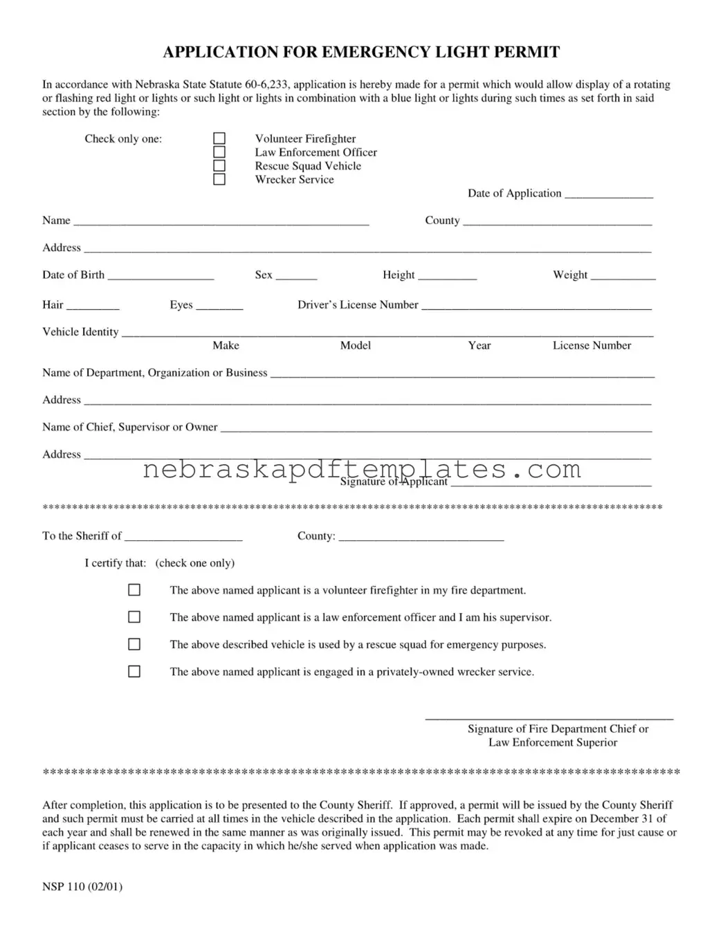 Blank Nebraska Red Light Permit PDF Template