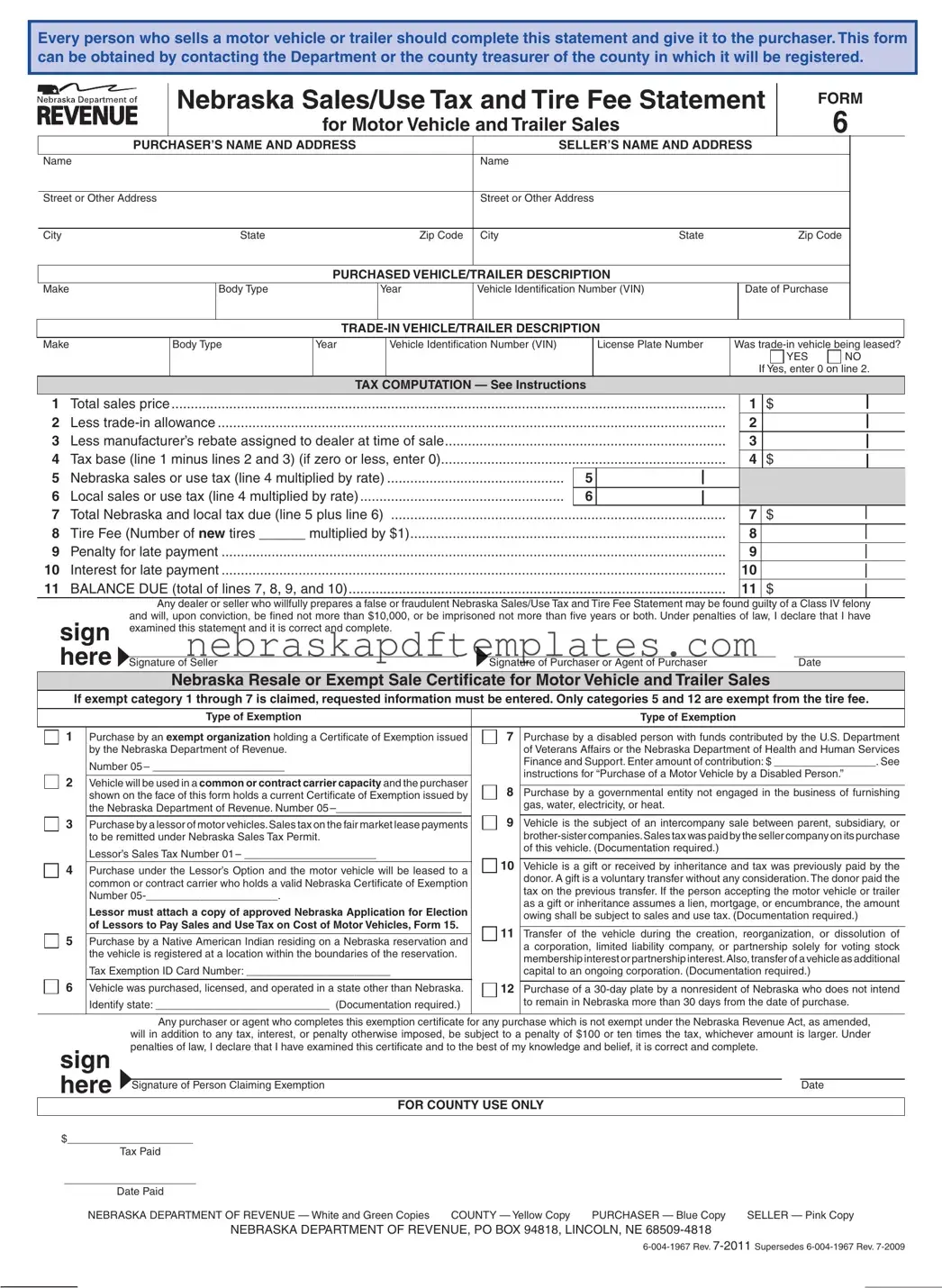 Blank Nebraska Sales Tax Statement PDF Template