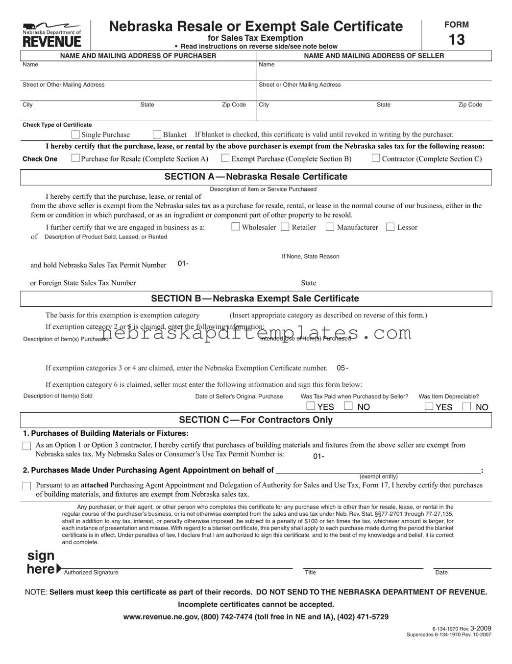 Blank Nebraska Sales Tax PDF Template