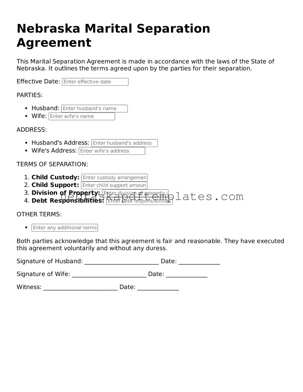 Attorney-Verified Marital Separation Agreement Document for Nebraska