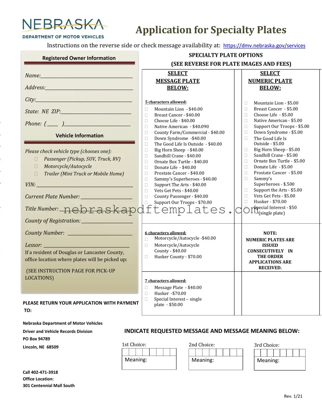 Blank Nebraska Specialty Plates PDF Template