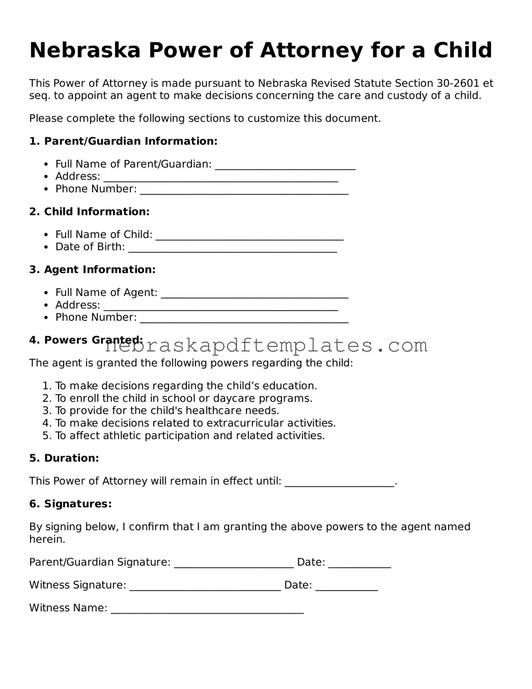 Attorney-Verified  Power of Attorney for a Child Document for Nebraska