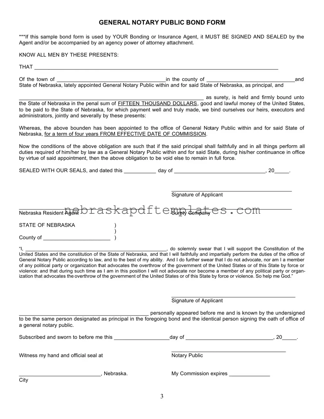 Blank Notary Public Bond Nebraska PDF Template