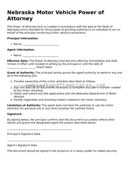 Attorney-Verified  Motor Vehicle Power of Attorney Document for Nebraska