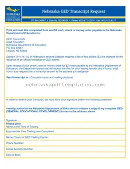 Blank Nebraska Ged Transcript Request PDF Template