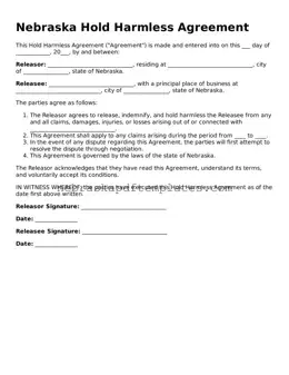 Attorney-Verified Hold Harmless Agreement Document for Nebraska