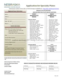 Blank Nebraska Specialty Plates PDF Template